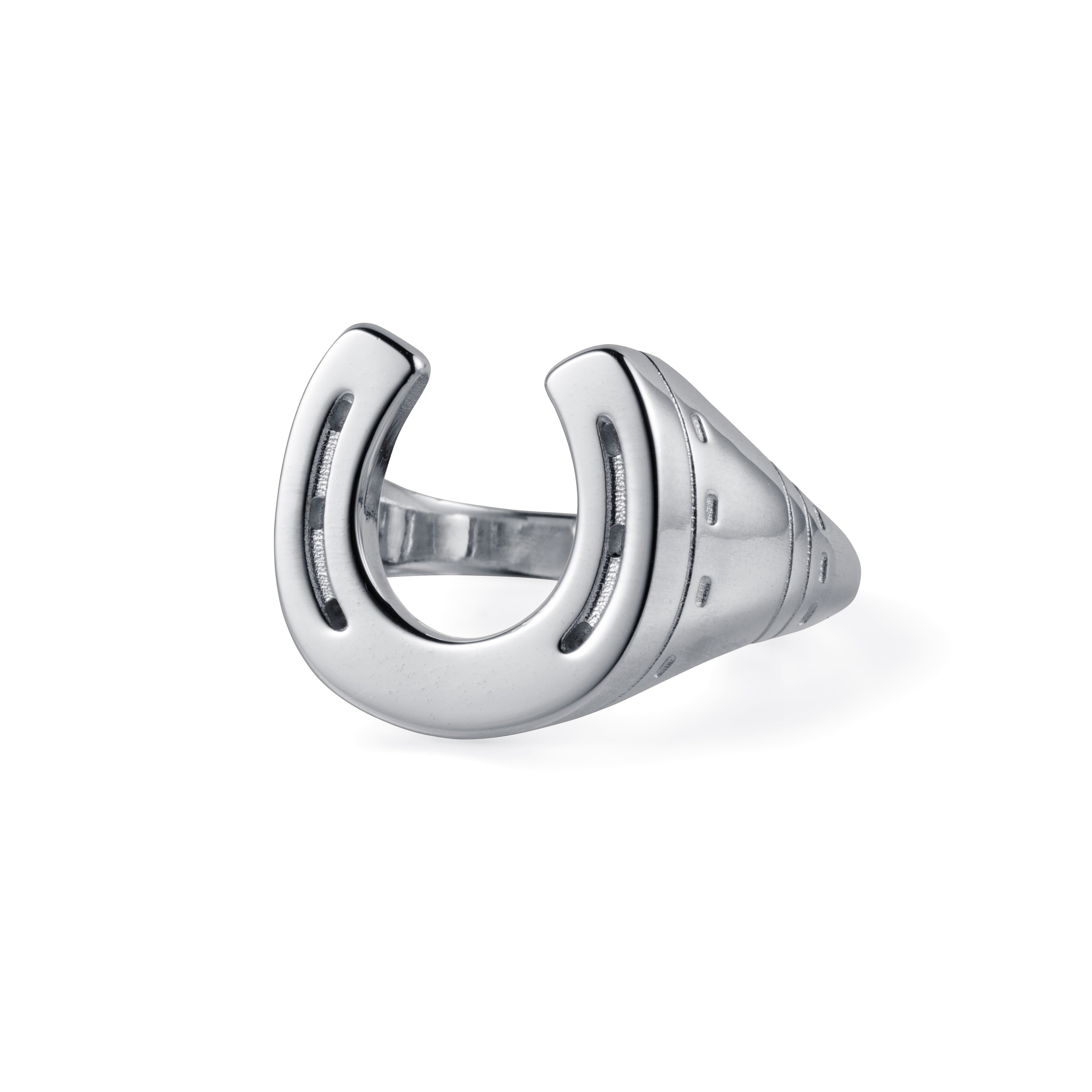 Silver horseshoe-shaped ring with detail on a white background