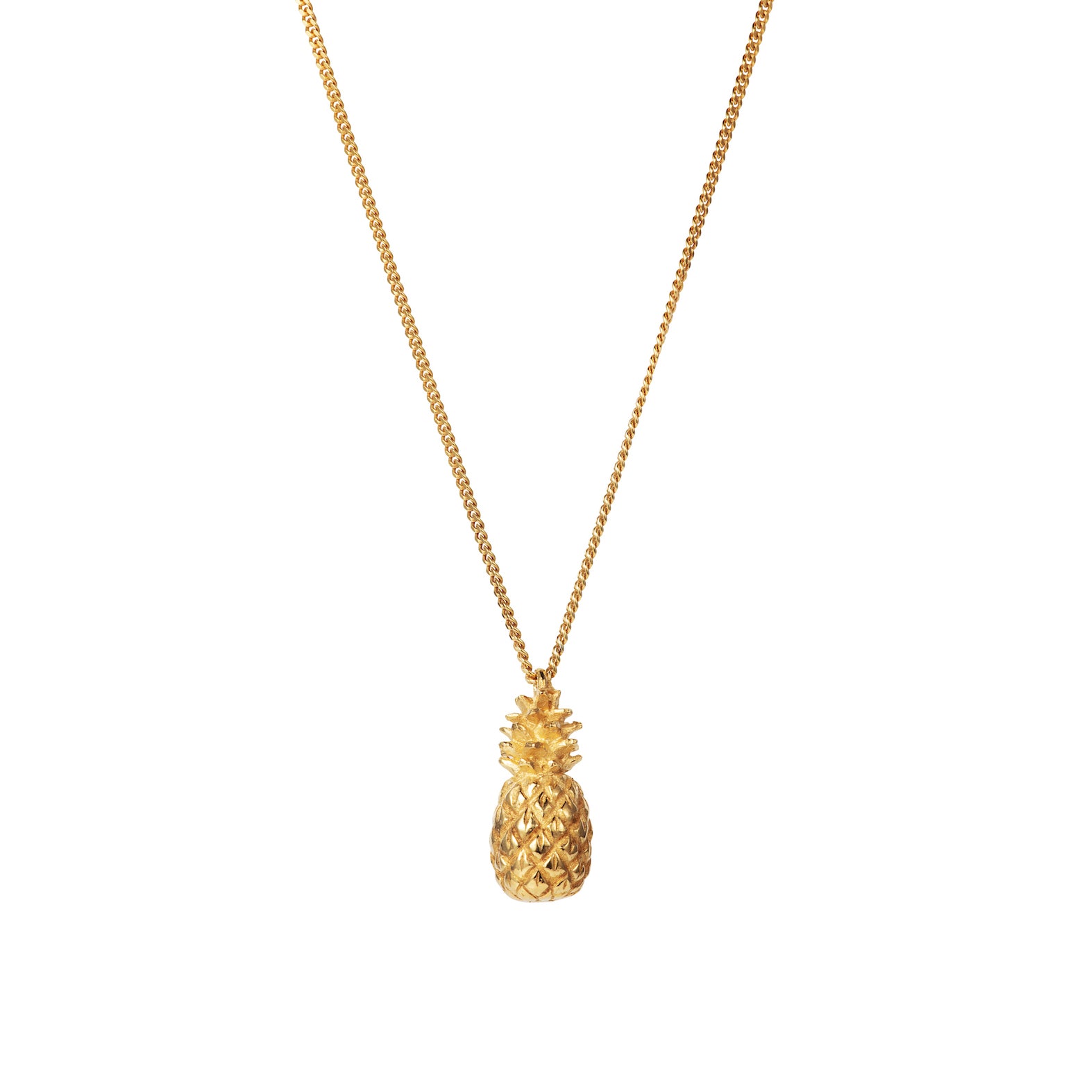 A gold pineapple pendant necklace with a curb chain.
