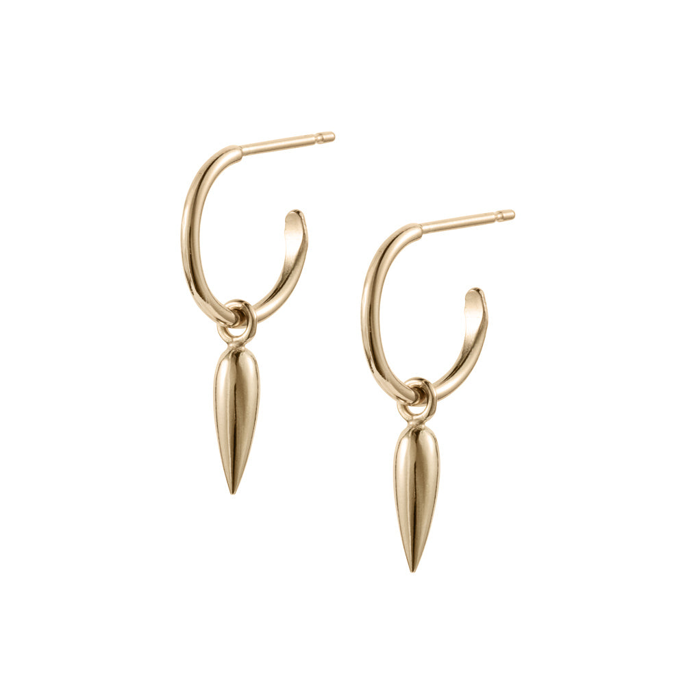 A pair of gold-colored hoop earrings with dangling charms, displayed against a white background.