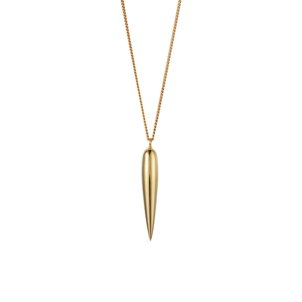 A gold-colored pendant necklace with a tapered, geometric charm, displayed against a white background.