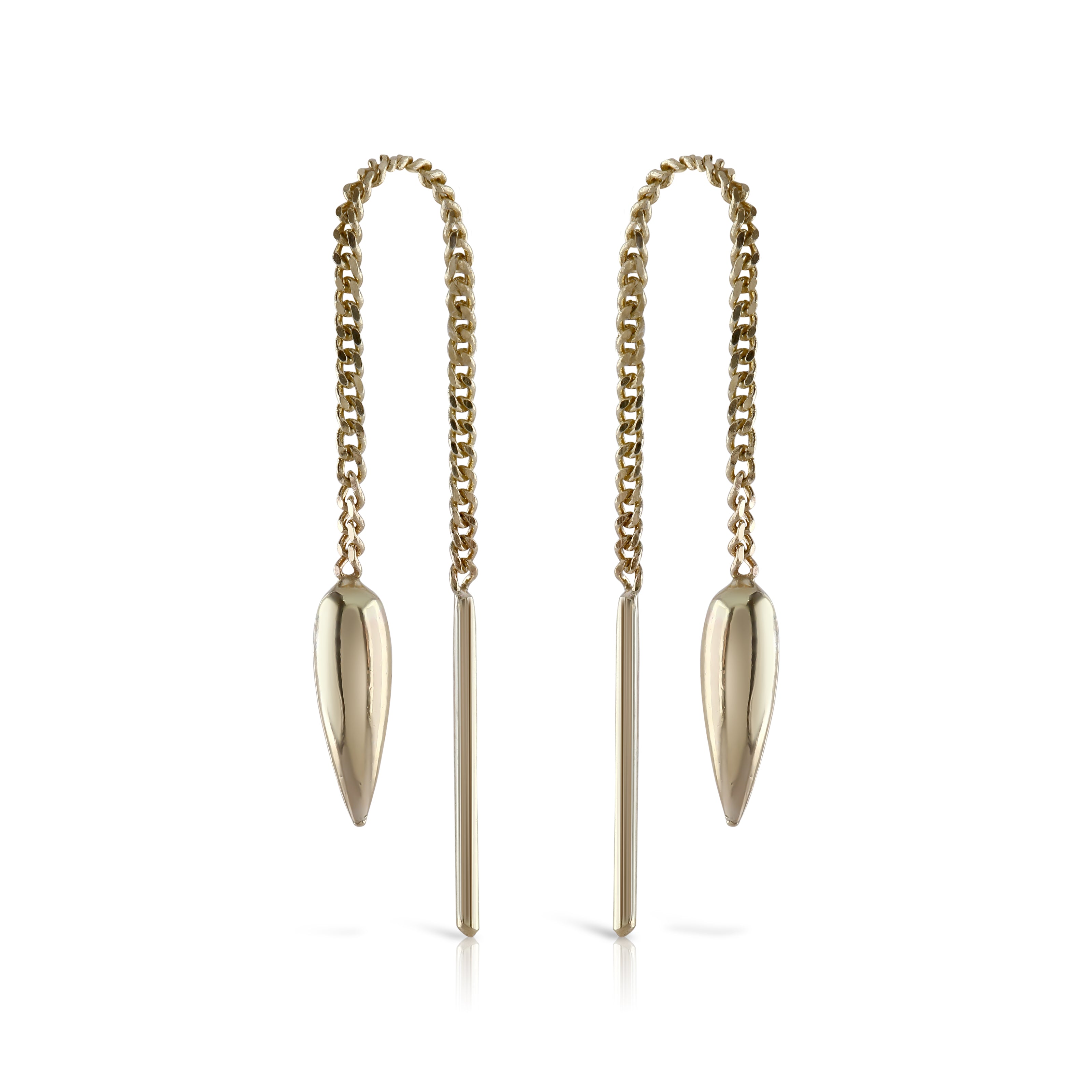 A pair of gold-colored hoop earrings with chain attachments, designed with a minimalist threader style.