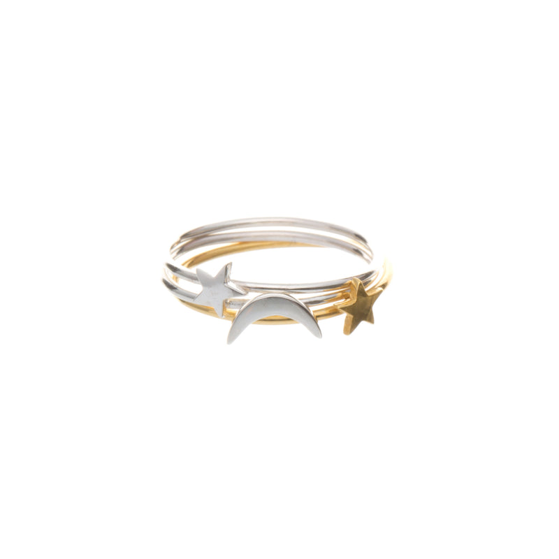 crescent moon ring, star ring, ring stack, Louise Wade jewellery