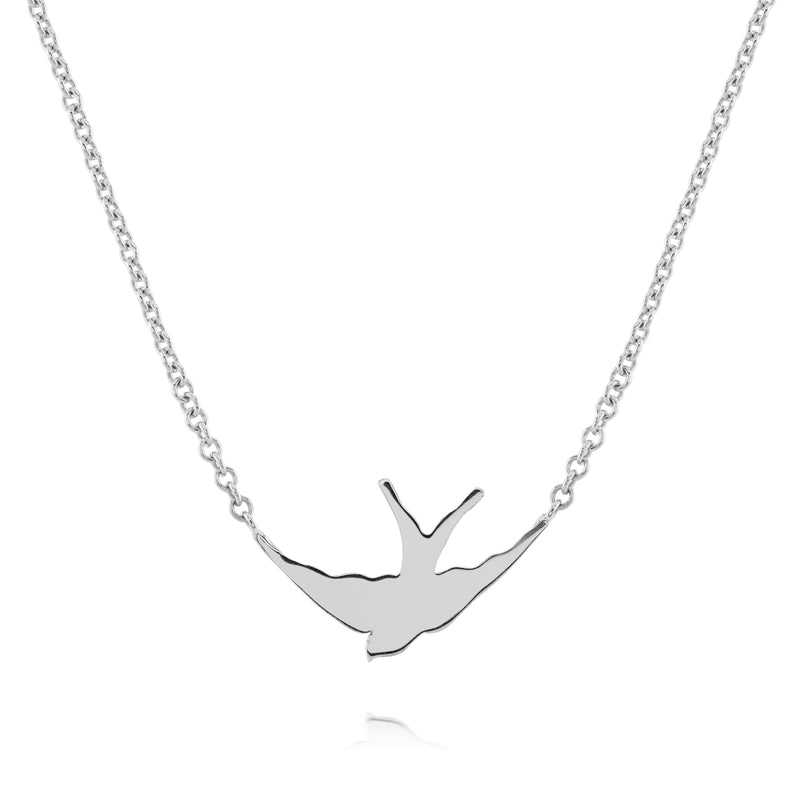solid silver swallow silhouette necklace on silver chain by louise wade london 